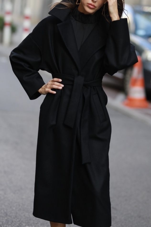 Czarny przejściowy wełniany płaszcz Kind Of Magic długi 100% wełny