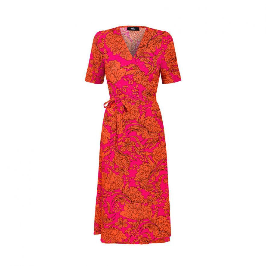 Wiskozowa sukienka kopertowa dłuższa w pomarańczowo różowe kwiaty