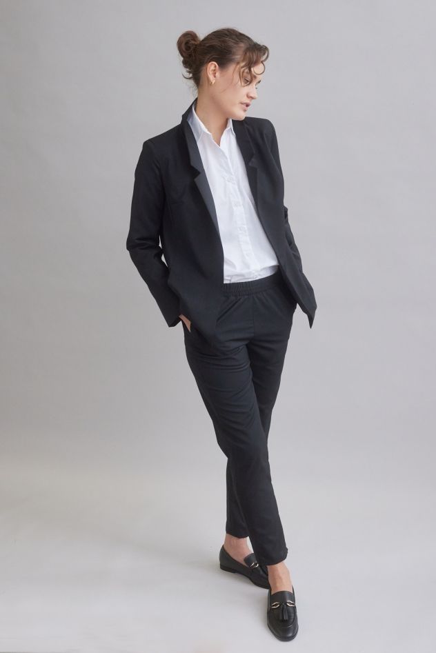 Czarny Gładki Wełniany Garnitur 100% wełna Marynarka i Spodnie