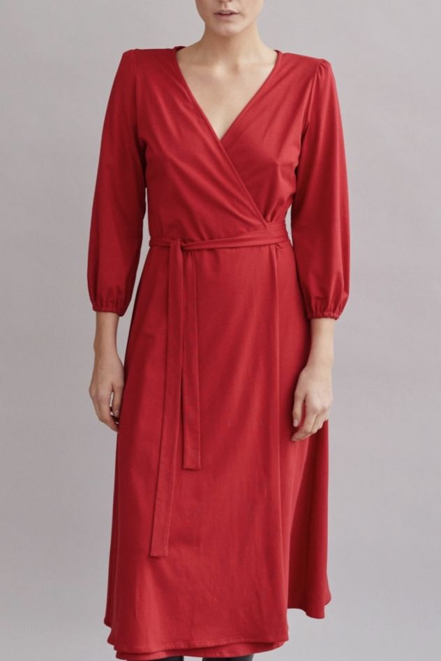 Bawełniana miękka sukienka kopertowa midi soczysta czerwień jak wino 