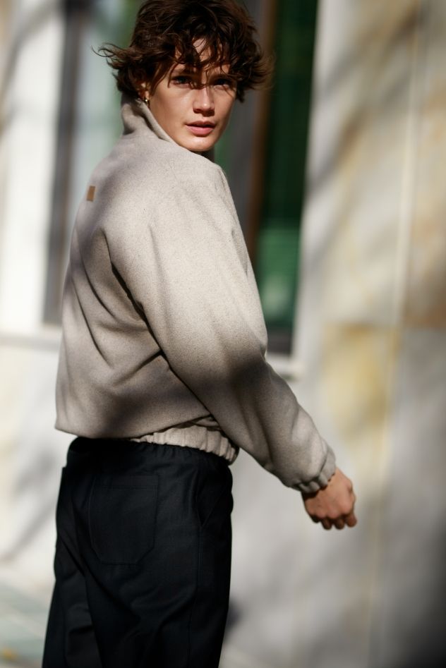 100% WEŁNIANA Kurtka BOMBER ASPEN LOOK melanżowy beż z klasycznym REKAWEM 