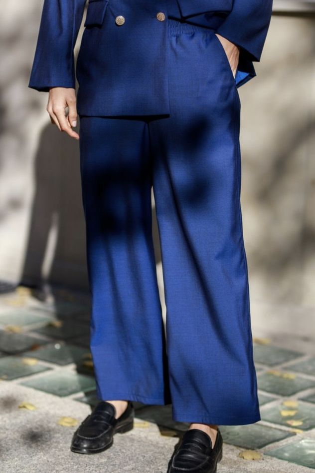 Błękitne Wełniane spodnie KULOTY SZEROKIE chabrowo-kobaltowa 100% wełna dziewicza virgin wool
