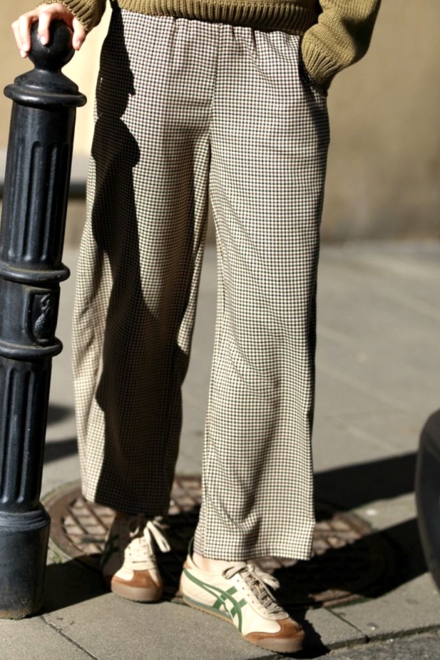 Brązowa pepitka Spodnie KULOTY szerokie 100% wełny