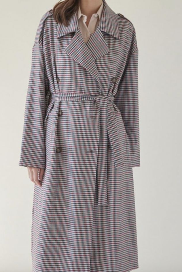 Oversizeowy stylowy przejsciowy Płaszcz wełna 100% z pagonami oversize w kratkę pepitkę brąz czerwień czerń