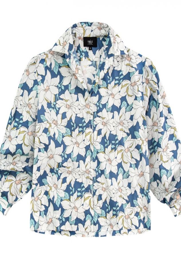 Koszula niebieska w białe kwiaty lilie 100% bawełny MY STYLE oversize