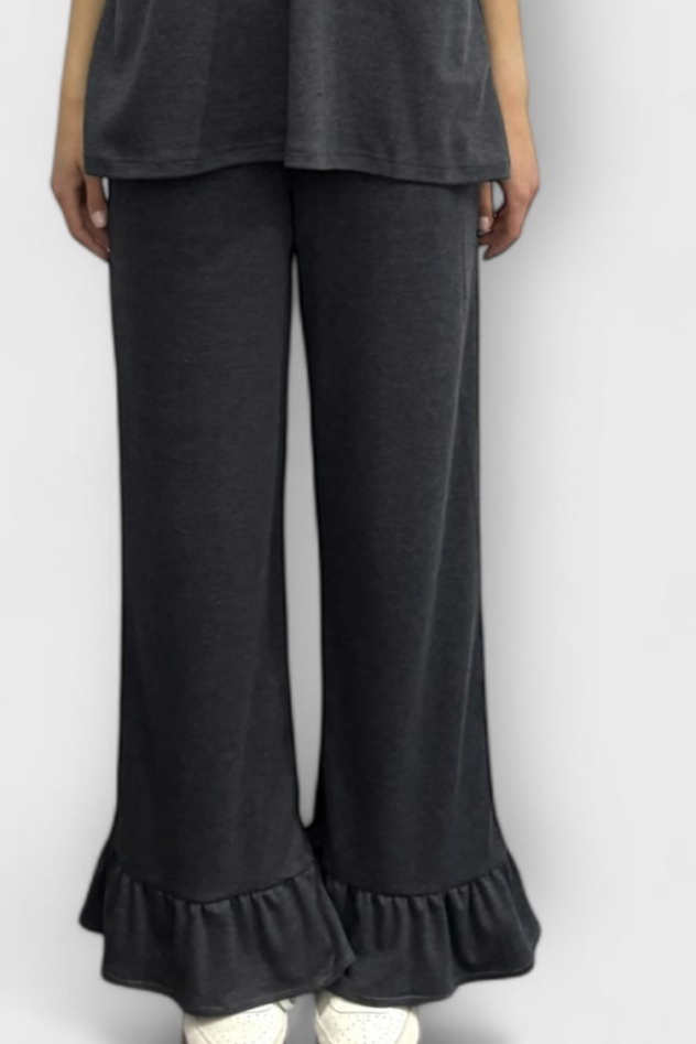 Dresowe casual sportowe Spodnie bawełniane szaro grafitowy melanż z falbaną na dole nogawki i gumą w pasie