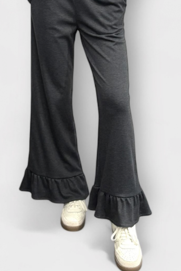 Dresowe casual sportowe Spodnie bawełniane szaro grafitowy melanż z falbaną na dole nogawki i gumą w pasie
