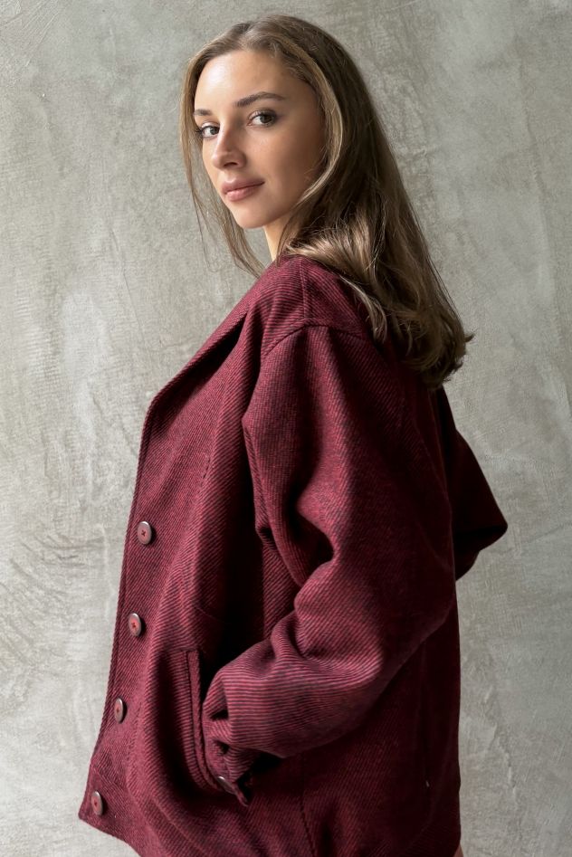 WEŁNIANA Kurtka THE 70s bordo diagonal z guzikami i szerokim kołnierzem 100% wełna