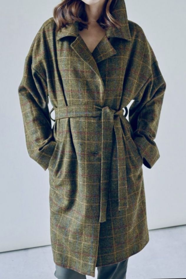 100% WEŁNIANY przejściowy Zielony DO KOLAN w kratę Płaszcz KIND OF MAGIC zielona krata