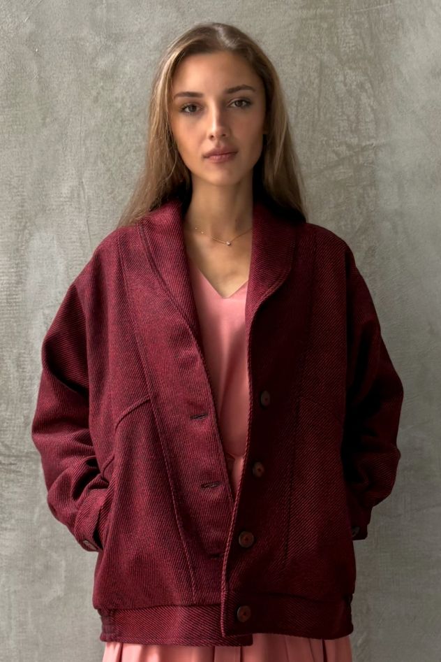 WEŁNIANA Kurtka THE 70s bordo diagonal z guzikami i szerokim kołnierzem 100% wełna