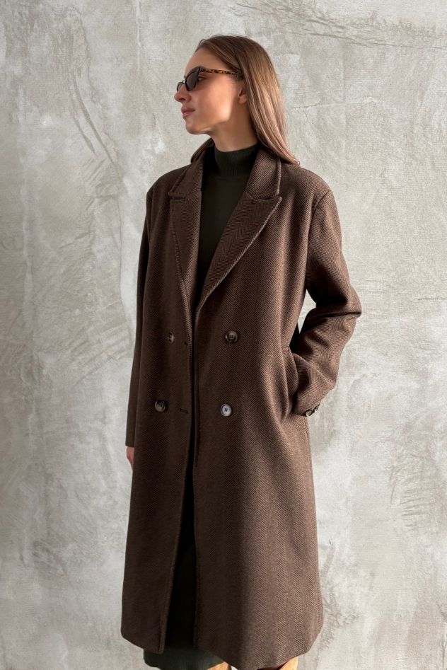 Płaszcz ciepły Brąz z Wełną we wzór Jodełka dwurzędowy z guzikami wąski dream
