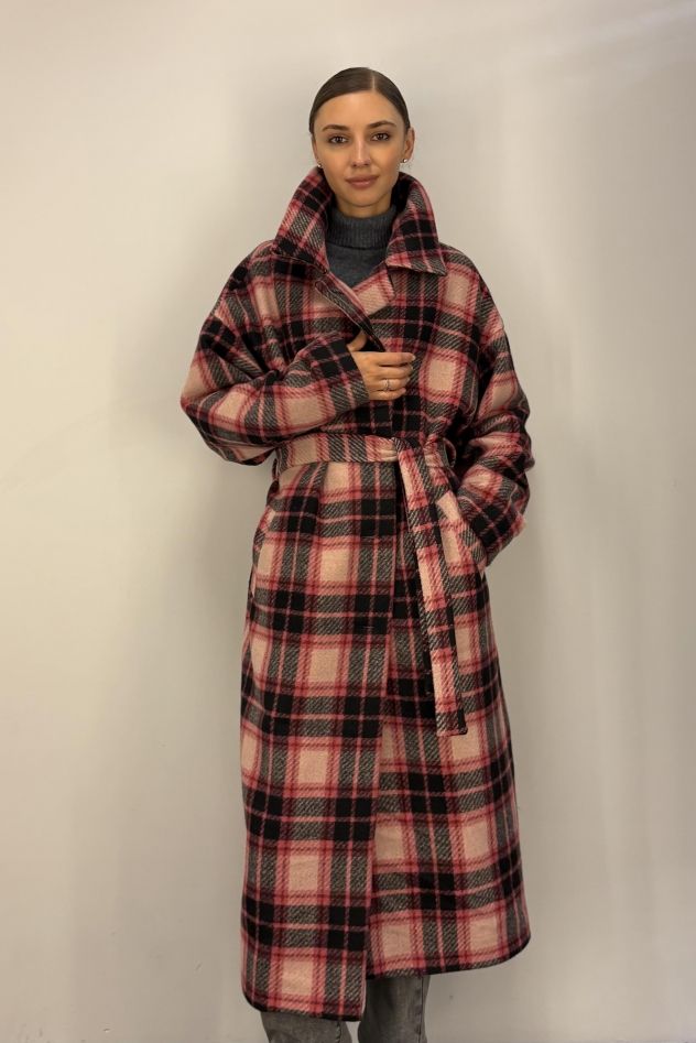 Płaszcz Wełniany Kind of Magic różowo czarno czerwona krata
