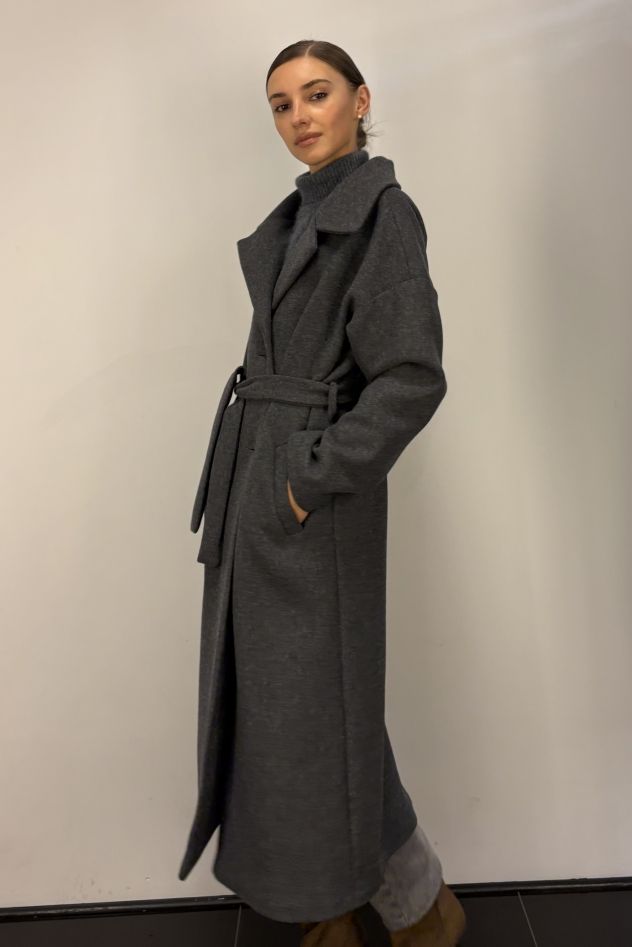 Płaszcz szary przejściowy wełniany maxi oversize Kind of Magic 100% wełna