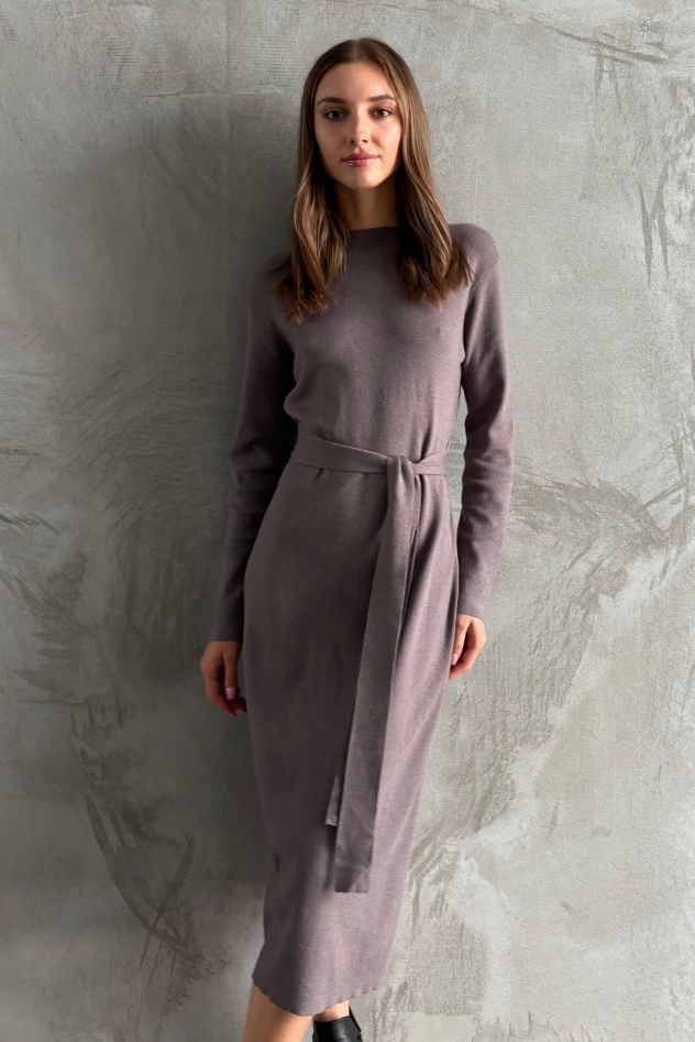 Wiskozowa długa swetrowa ciepła sukienka szaro-lawendowa