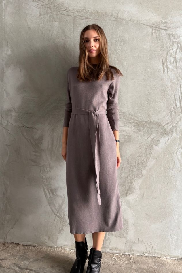 Wiskozowa długa swetrowa ciepła sukienka szaro-lawendowa