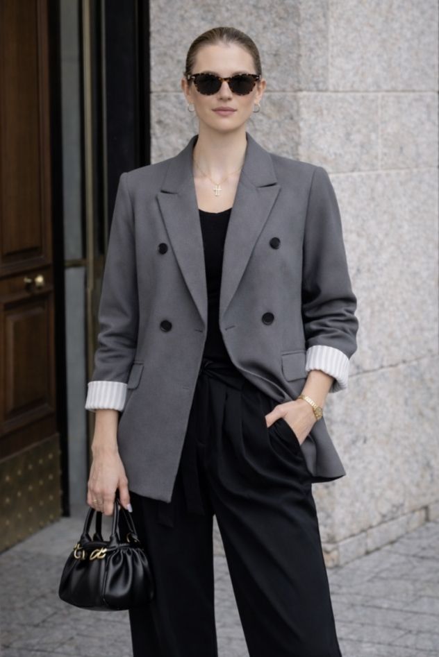 Szary marynarko płaszcz bawełniany z białą podszewką w paski 100% bawełna