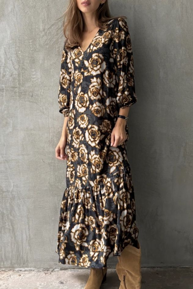 Wiskozowa sukienka w zielone wzory CELEBRATION z falbaną i paskiem ze 100% wiskozy hiszpańskiej premium 