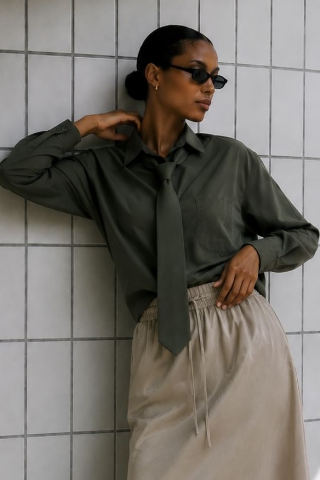 Jedwabna Koszula khaki oversize My Style jedwab/wiskoza z krawatem - komplet