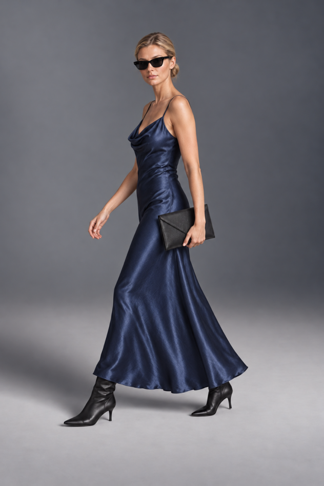Sukienka granatowa elegancka zwiewna satynowa w dotyku taliowana midi THE FEMININE