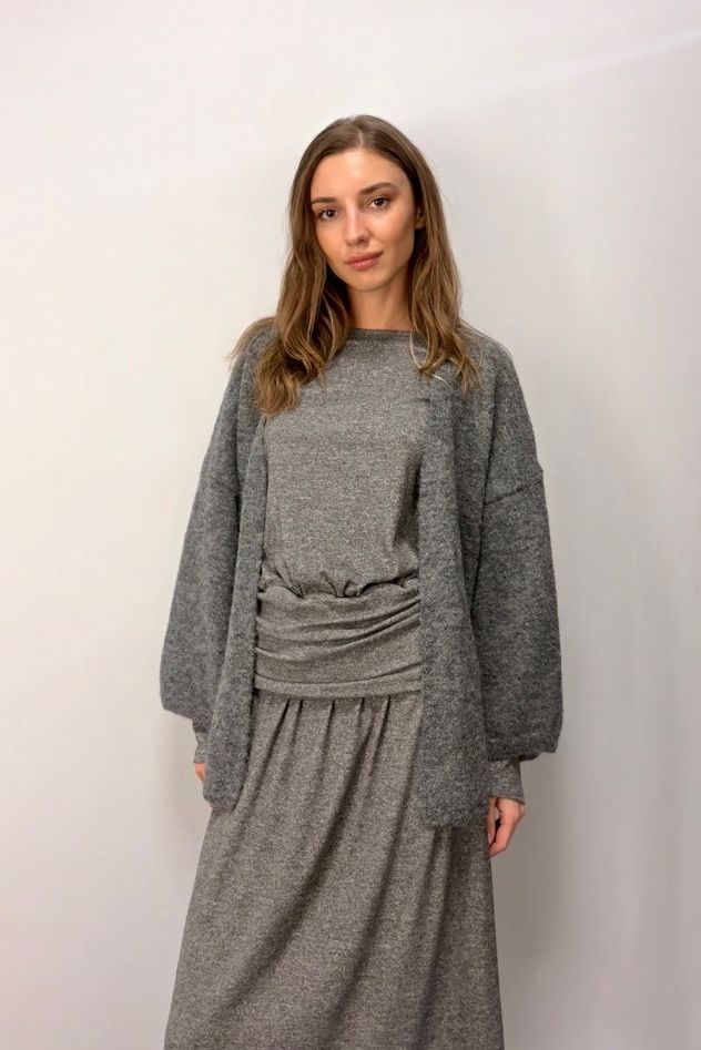 Puchaty oversize cieply luźny sweter kardigan 100% wiskoza szary z szerokim rękawem