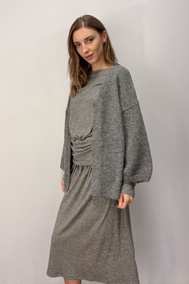 Puchaty oversize cieply luźny sweter kardigan 100% wiskoza szary z szerokim rękawem