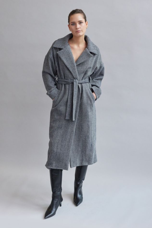 Długi Wełniany zimowy Płaszcz Jodełka szary granat oversize Kind of Magic 100% wełna