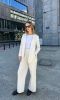 SHOP THE LOOK 7 - garnitur bawełna ecru ciepła biel w delikatne prążki - wersja z długą marynarką 