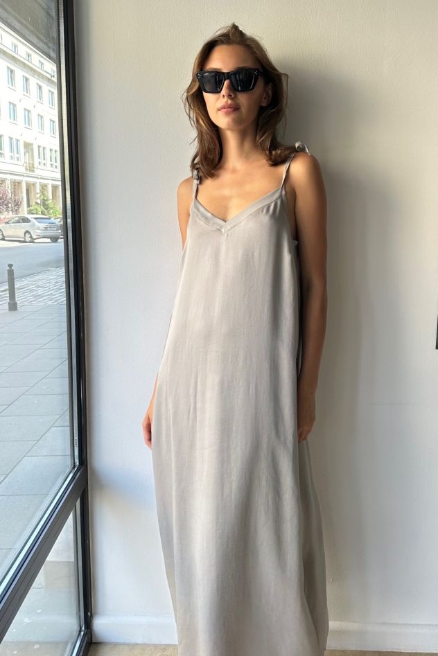 Tencel 100% delikatna przewiewna maxi długa sukienka beżowo szara maxi