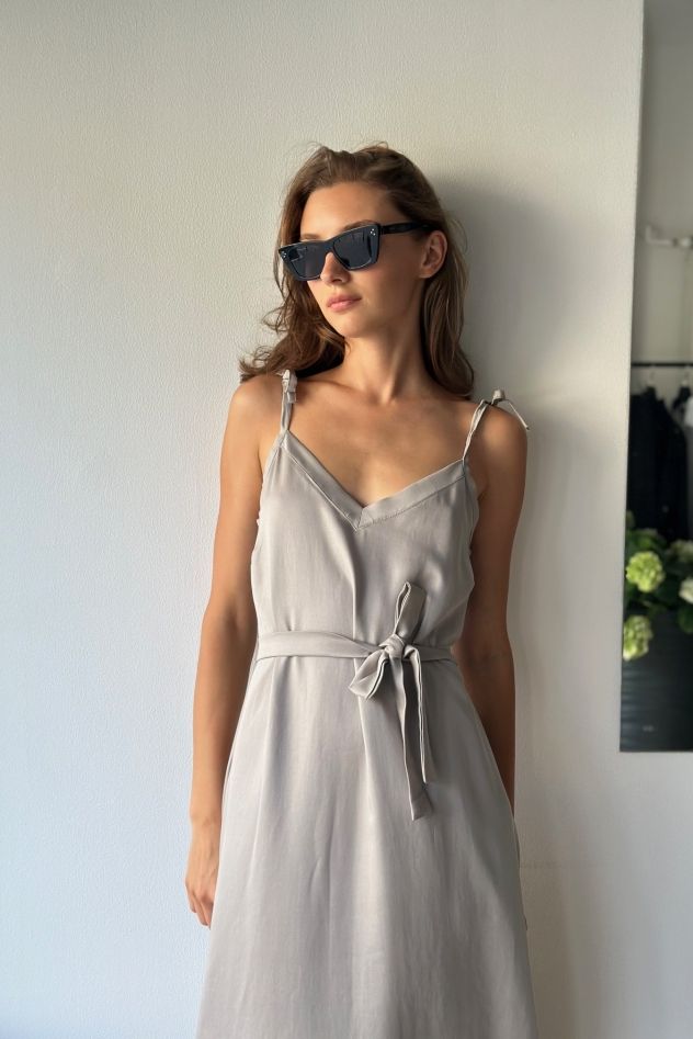 Tencel 100% delikatna przewiewna maxi długa sukienka beżowo szara maxi