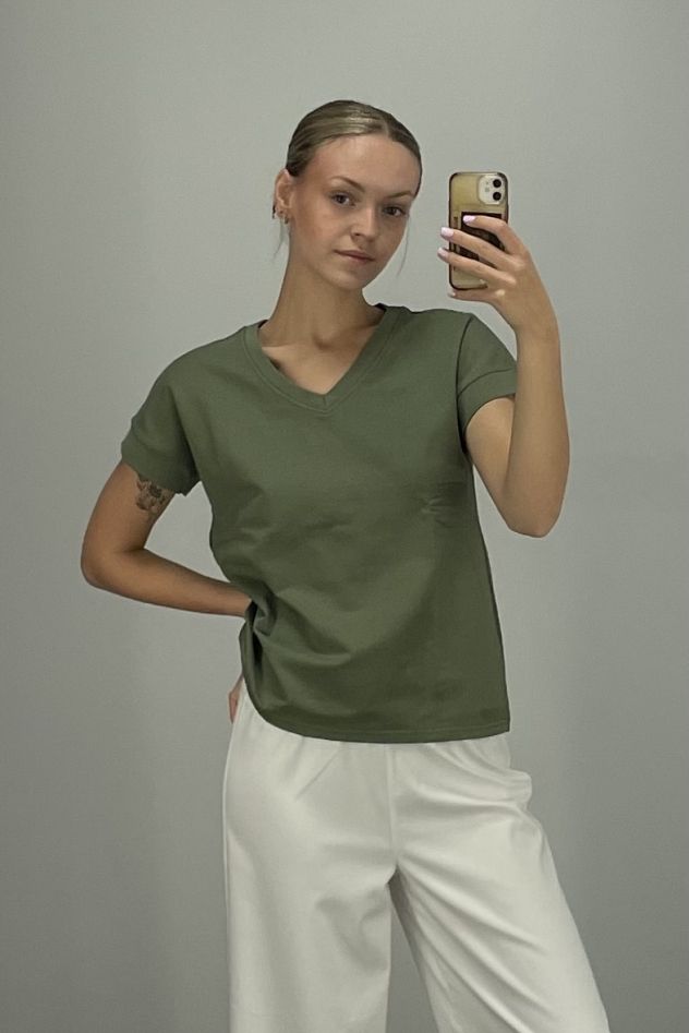 Bawełniany 100% TSHIRT z mięsistej 100% bawełny zielony-khaki