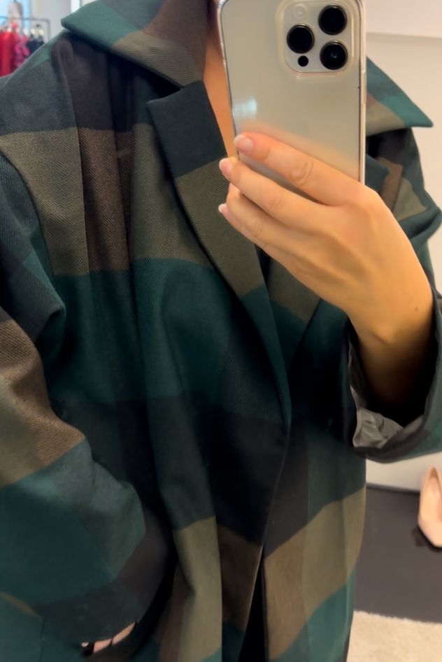 Płaszcz wełniany 100% wełna duża zielona krata Kurtka Ciepła Narzutka