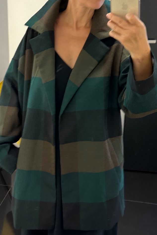 Płaszcz wełniany 100% wełna duża zielona krata Kurtka Ciepła Narzutka