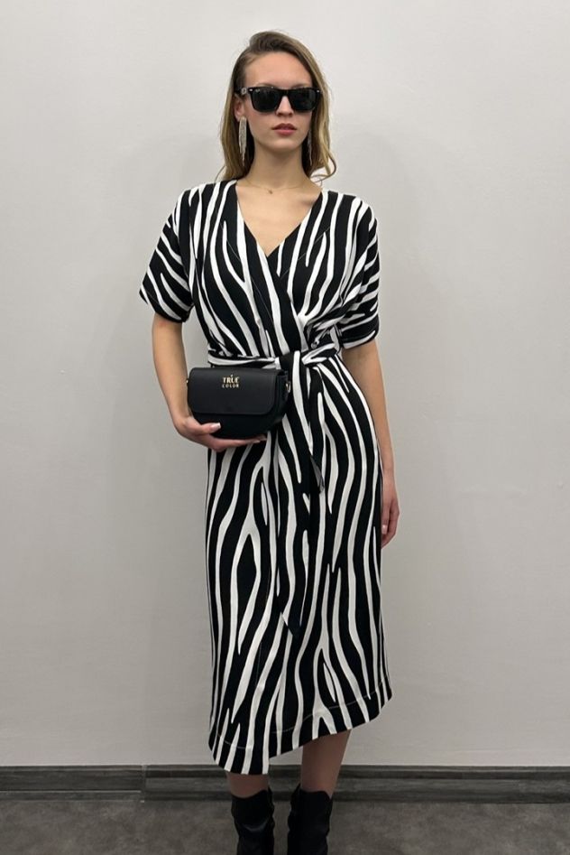 Sukienka kopertowa PARIS PARIS LONG midi wiskozowa czarno-biały print zebra z szerokim paskiem 100% wiskoza włoska