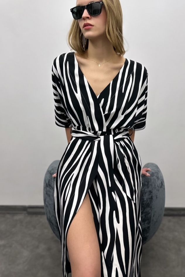 Sukienka kopertowa PARIS PARIS LONG midi wiskozowa czarno-biały print zebra z szerokim paskiem 100% wiskoza włoska
