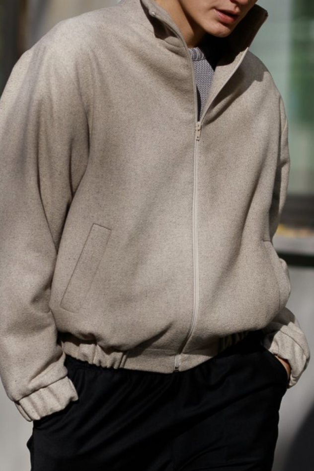 100% WEŁNIANA Kurtka BOMBER ASPEN LOOK melanżowy beż z klasycznym REKAWEM