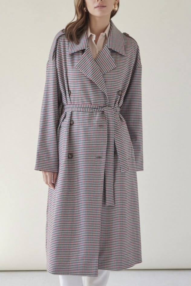 Oversizeowy stylowy przejsciowy Płaszcz wełna 100% z pagonami oversize w kratkę pepitkę brąz czerwień czerń 