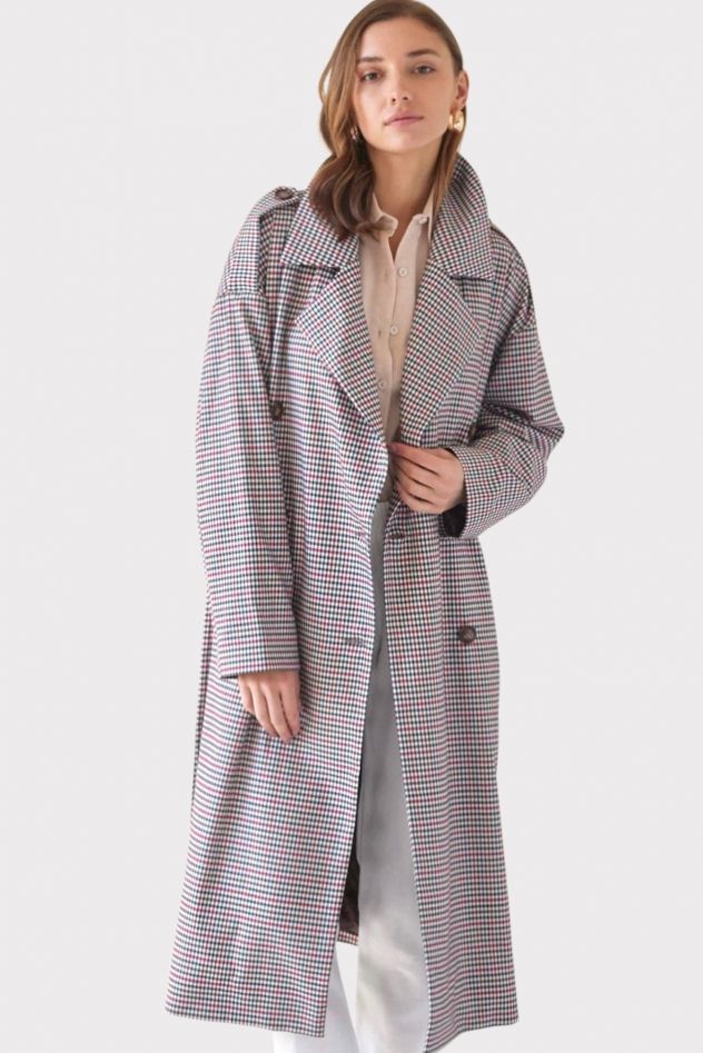Oversize przejściowy płaszcz wełna 100% z pagonami PEPITKA RED w kratkę pepitkę - brąz czerwień czerń biel