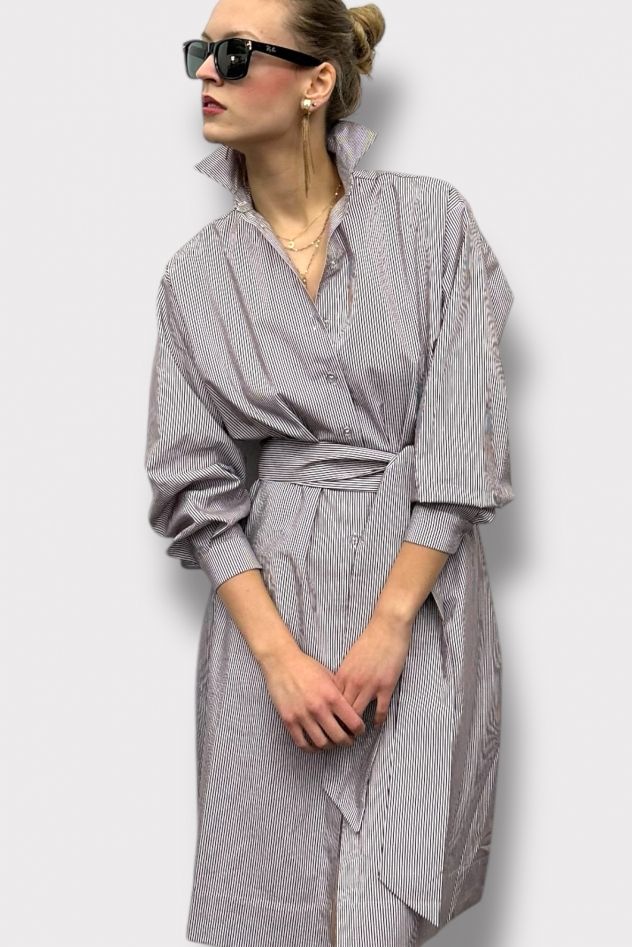 Bawełniana Sukienka koszulowa MY STYLE LONG No 2. z paskiem biała w paski brązowo/fioletowe 100% bawełna  
