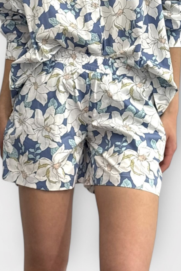SHOP THE LOOK 9 - komplet bawełna w kwiaty na lato szorty i koszula - krótkie spodenki i góra z tej samej lekkiej włoskiej bawełny