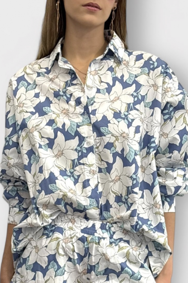 SHOP THE LOOK 11 - komplet bawełna w kwiaty szorty krótkie spodenki i koszula oraz sweter BAWEŁNA BLUE