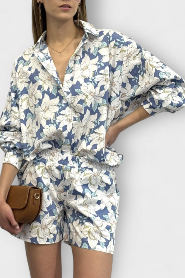 SHOP THE LOOK 9 - komplet bawełna w kwiaty na lato szorty i koszula - krótkie spodenki i góra z tej samej lekkiej włoskiej bawełny
