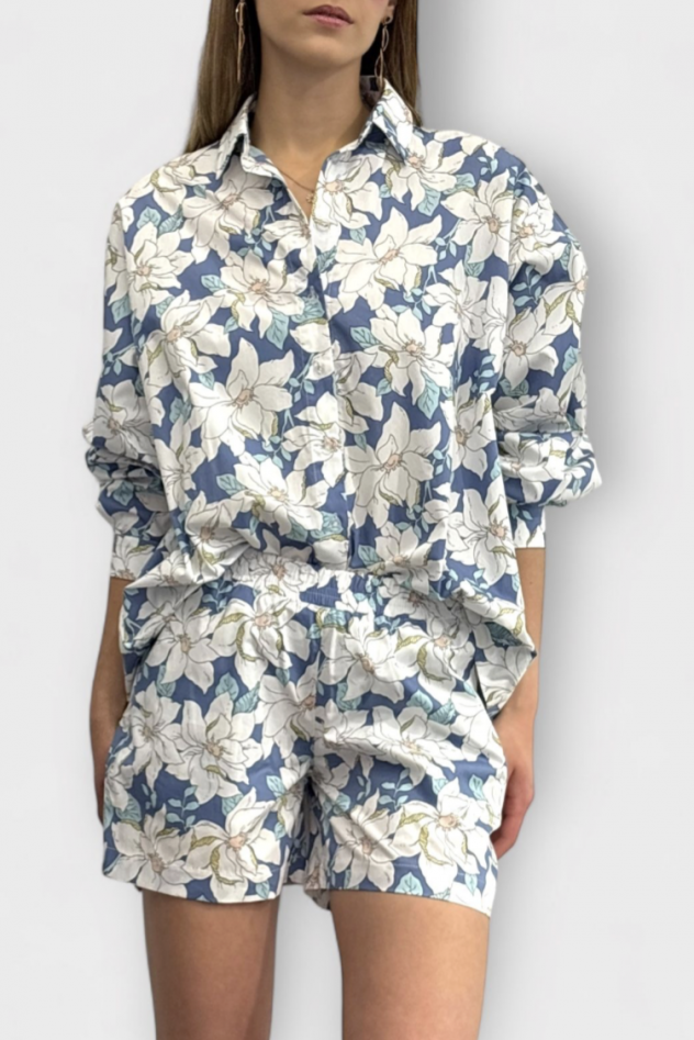 SHOP THE LOOK 9 - komplet bawełna w kwiaty na lato szorty i koszula - krótkie spodenki i góra z tej samej lekkiej włoskiej bawełny
