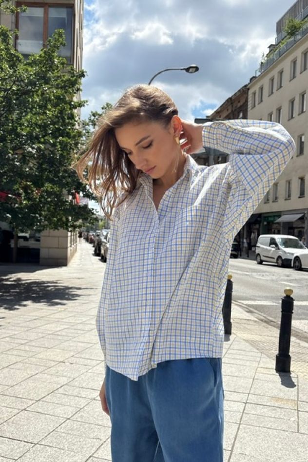 Oversize'owa lniana koszula w delikatną kratkę 100% len one size