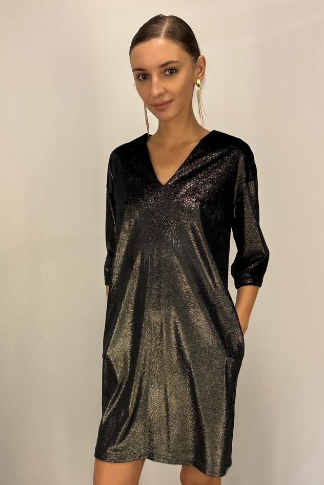 Elegancka Sukienka CLASSY miła w dotyku czarno złota błyszcząca - z paskiem o delikatnym połysku 