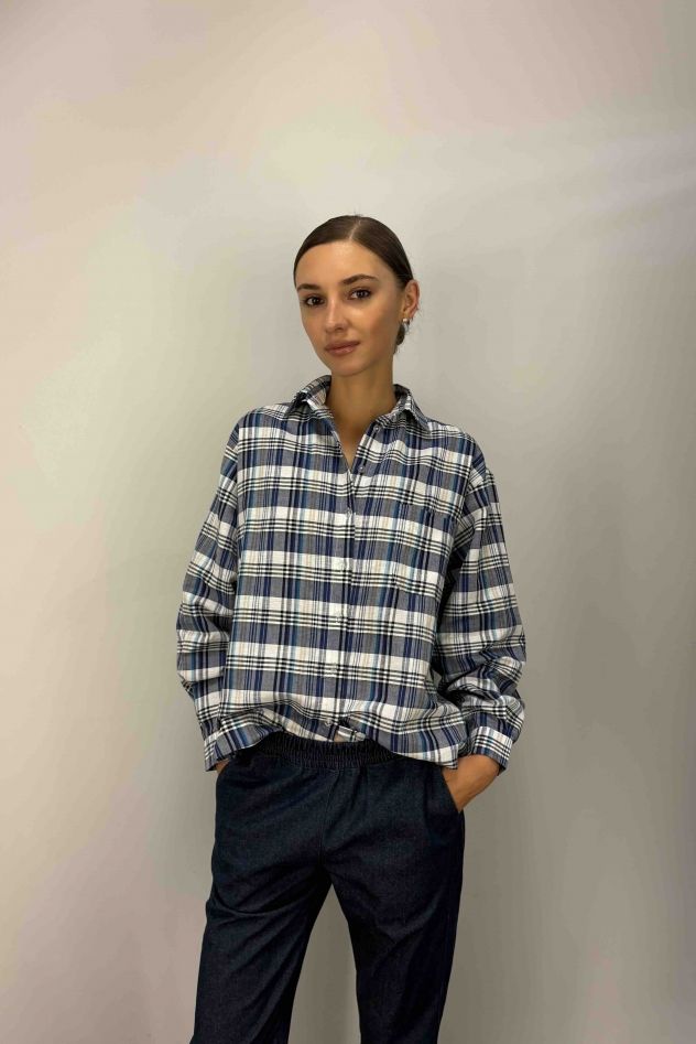 Koszula w kratkę granatowo niebiesko biała MY STYLE z LNU 100%