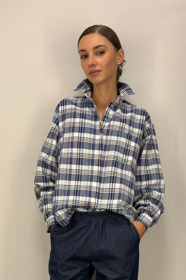 Koszula w kratkę granatowo niebiesko biała MY STYLE z LNU 100%