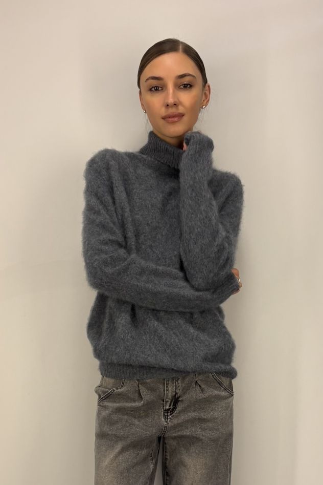 Szary sweter premium z golfem wyjątkowo miękki niegryzący szlachetny skład 100% kaszmir 