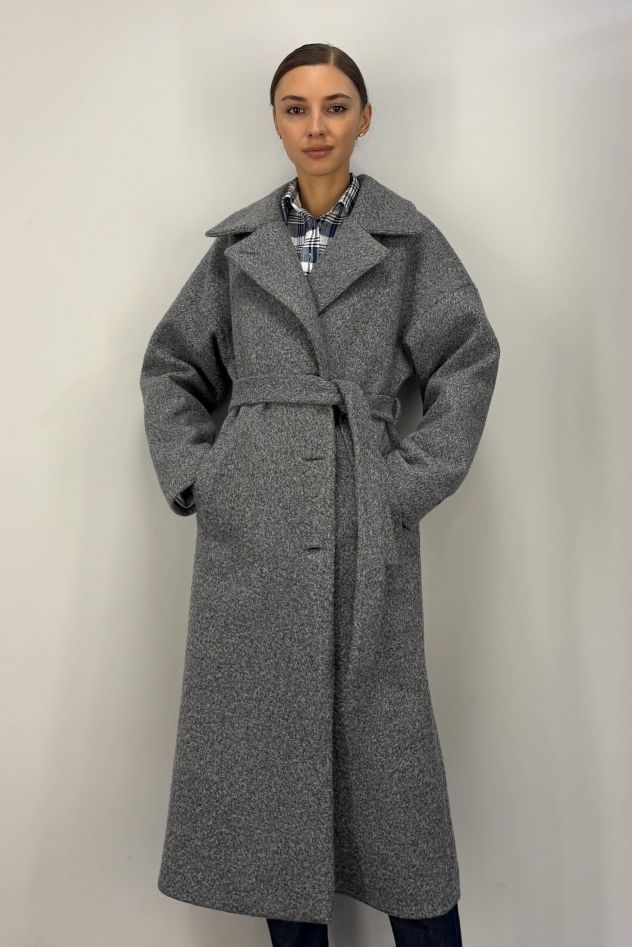Płaszcz szary zimowy maxi a la karakuł oversize Kind of Magic