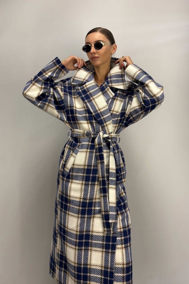 Płaszcz Wełniany Kind of Magic granatowo beżowa krata