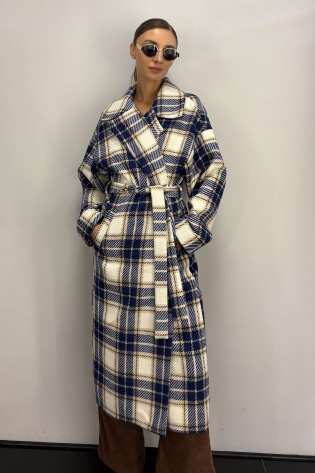 Płaszcz Wełniany Kind of Magic granatowo beżowa krata